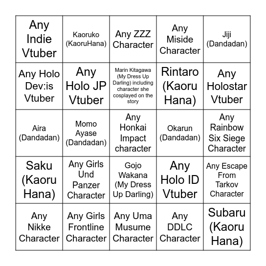 CF21 Cosplay Bingo Card
