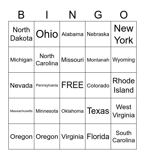 License Plate Bingo Card
