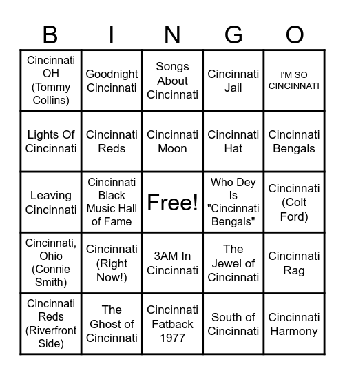Cincinnati Tunes Bingo Card