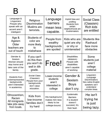 Stereotype Bingo Card Bingo Card