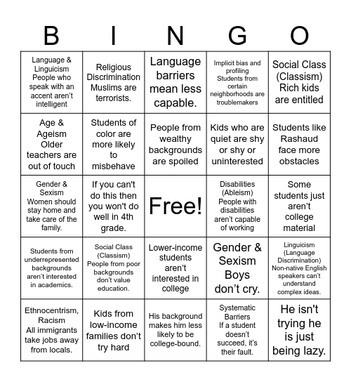 Stereotype Bingo Card Bingo Card