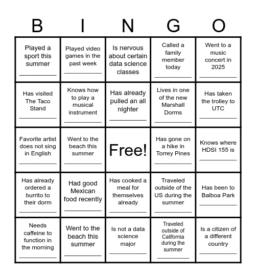 Icebreaker Bingo Card