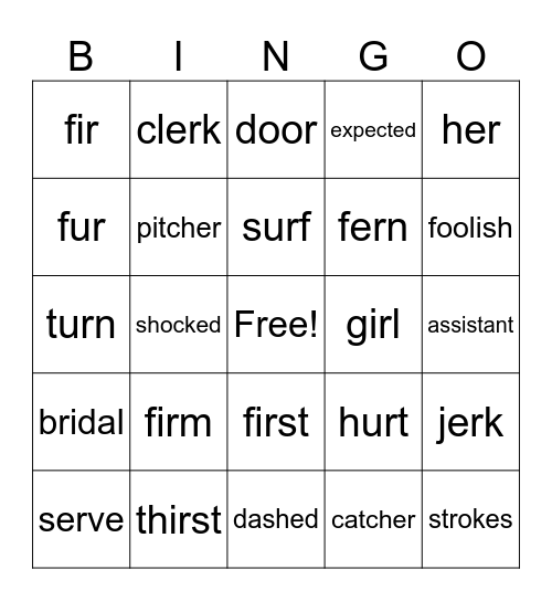er, ur, ir Bingo Card