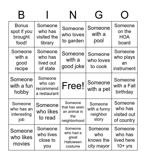 Get to know your Neighbor! Bingo Card