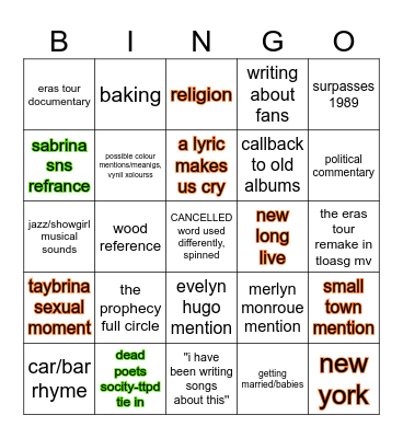 The life of a Showgirl Bingo Card