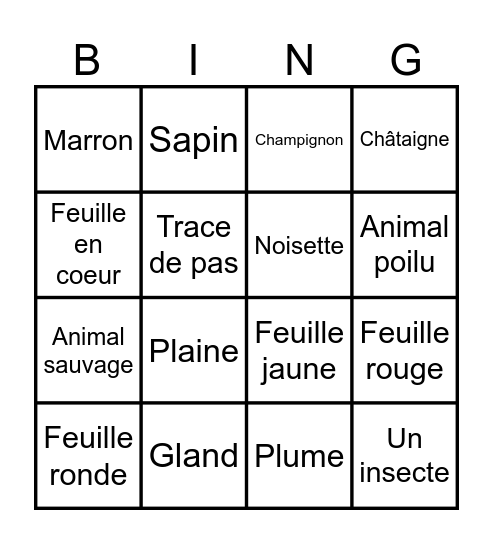 L'automne dans les bois Bingo Card