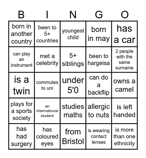SOMSOC BINGO Card