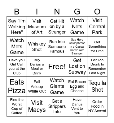 NYC Bachelor Party Bingo Card
