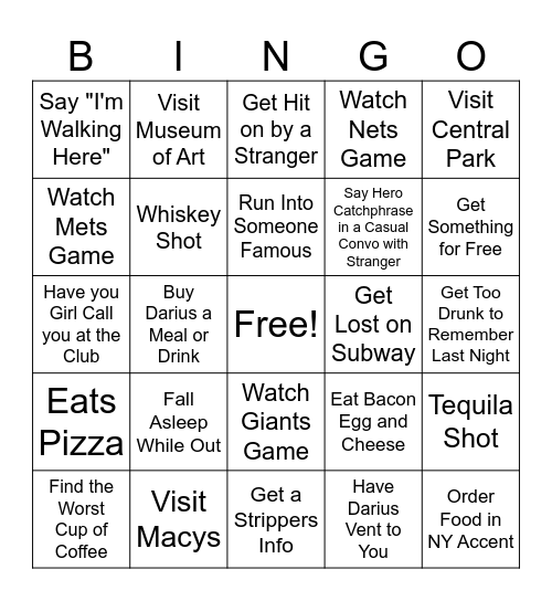 NYC Bachelor Party Bingo Card
