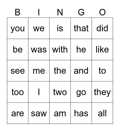 Sight Word Bingo Card