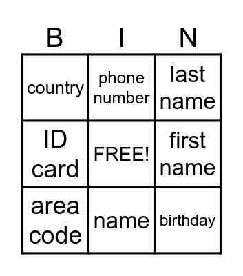 Personal Information Bingo Card