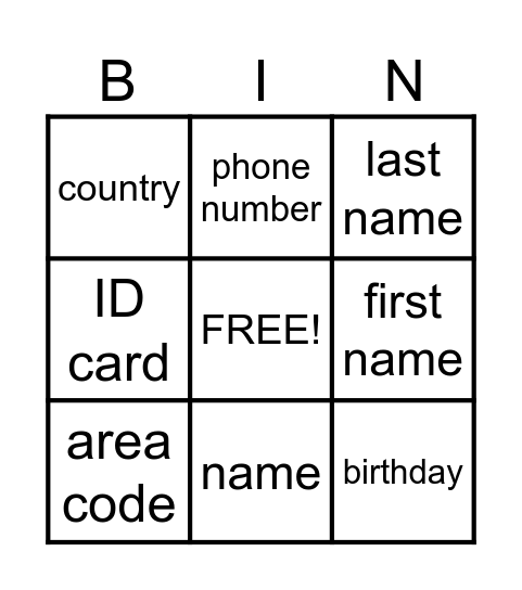 Personal Information Bingo Card