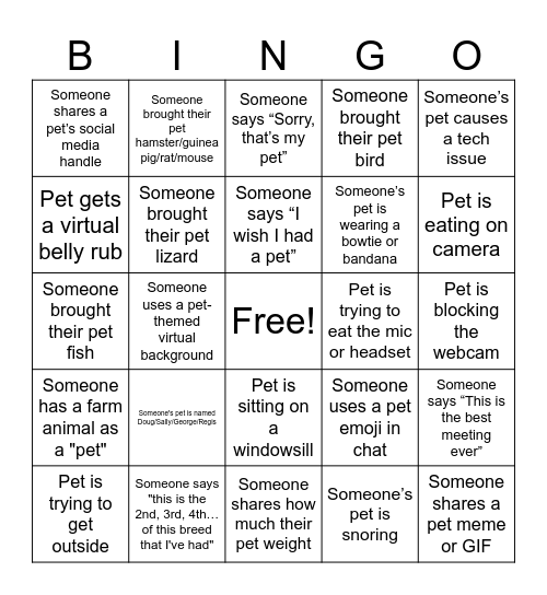 Bring Your Pet(s) to Work Bingo!!! Bingo Card