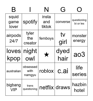 similar to me Bingo Card