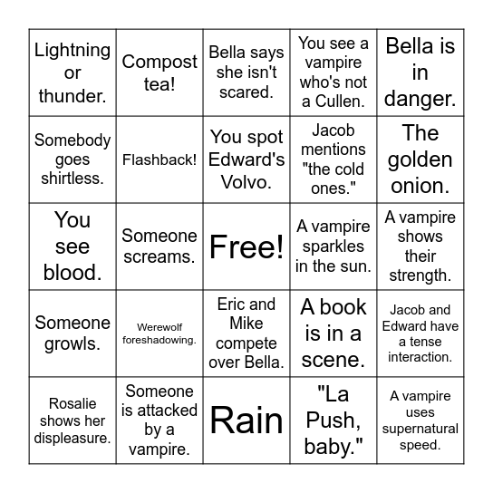 Twilight Movie Bingo Card