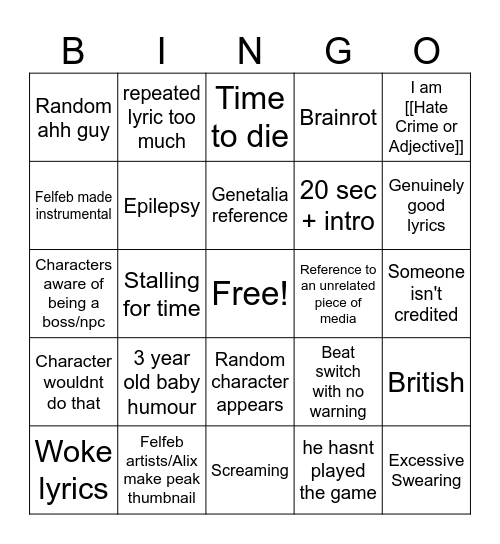 Felfeb NOT DELTARUNE Bingo Card