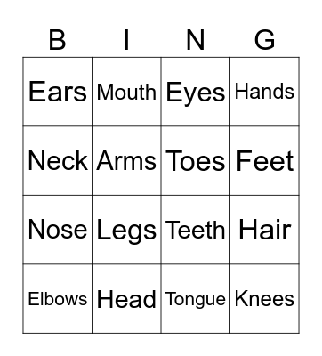 Body Parts Bingo Card