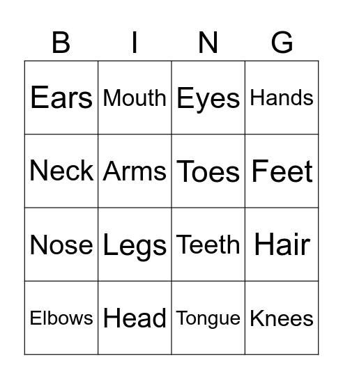 Body Parts Bingo Card