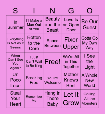 Disney Singo Bingo Card