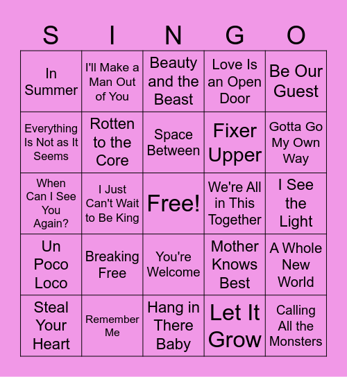 Disney Singo Bingo Card