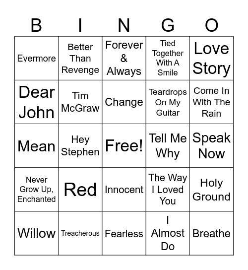 Taylor Swift Music - Round 1 Bingo Card
