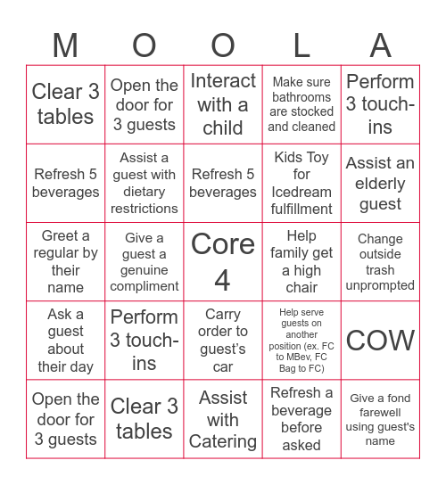 Chick-fil-A Hospitality Bingo Card