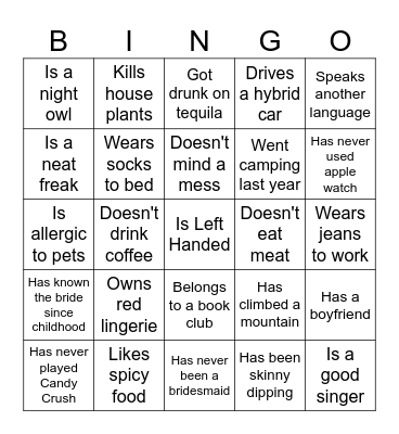 Bachelorette Ice Breaker Bingo Card