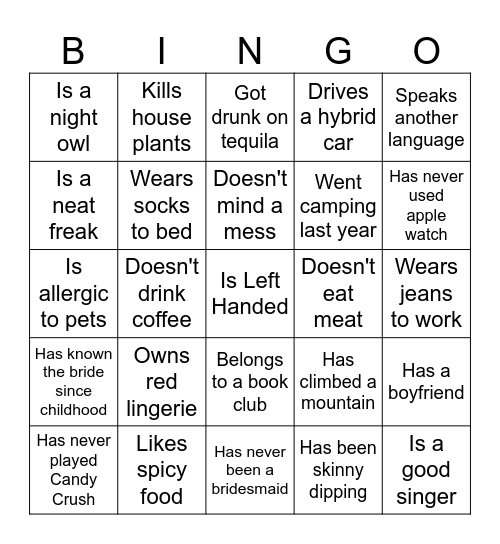 Bachelorette Ice Breaker Bingo Card