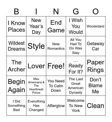 Taylor Swift Music - Round 2 Bingo Card
