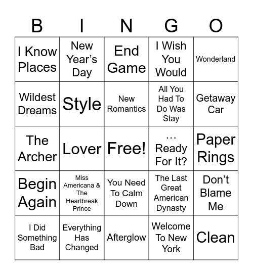 Taylor Swift Music - Round 2 Bingo Card