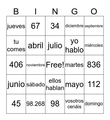 Repaso de vocabulario y presente Bingo Card