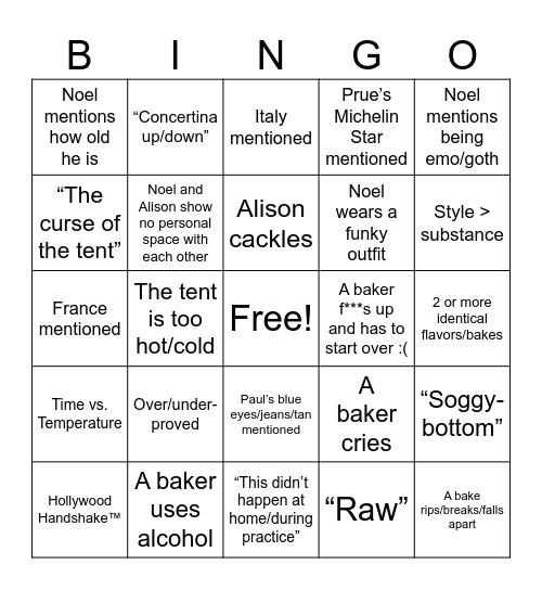 The Great British Baking Show Bingo Card