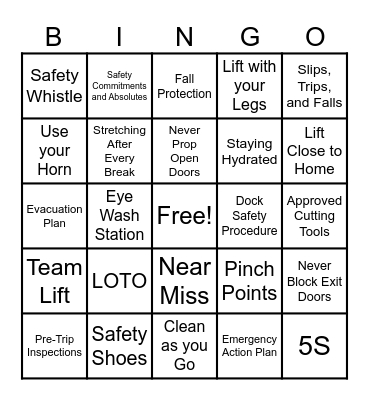 Warehouse Safety BINGO Card