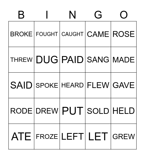 Irregular Verbs Bingo Card