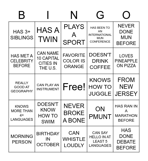 PMUNC HUMAN BINGO! Bingo Card