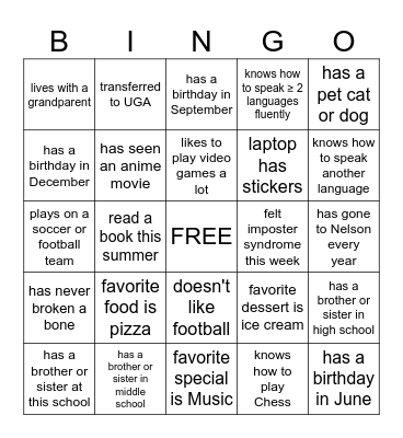 Beginning of Year BINGO Card
