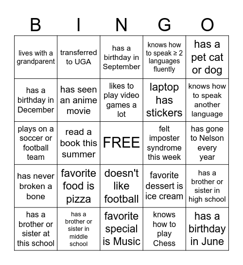 Beginning of Year BINGO Card