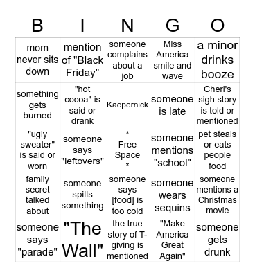Thanksgiving 2016 Bingo Card