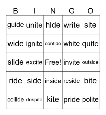 -ide & -ite Bingo Card