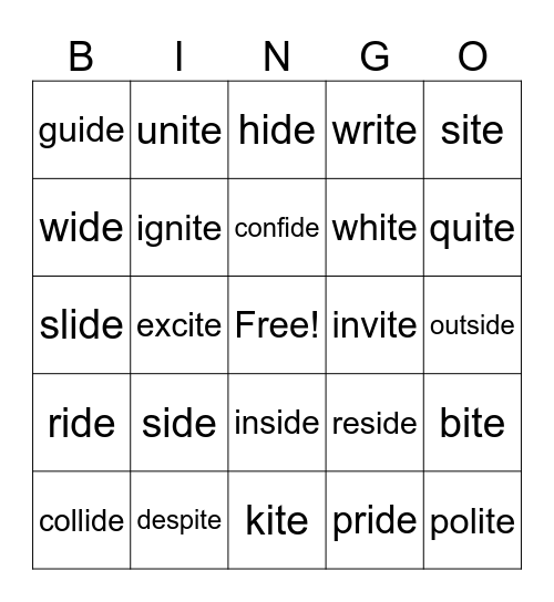 -ide & -ite Bingo Card
