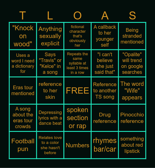 TS12  Album release Bingo Card