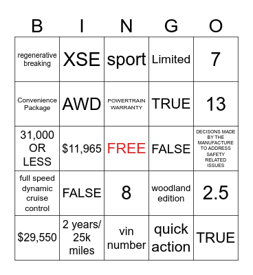TOYOTA RAV 4 Bingo Card