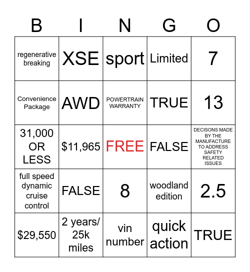 TOYOTA RAV 4 Bingo Card