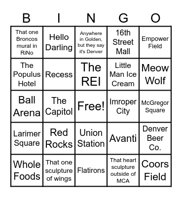 Love is Blind: Bingo- Locations "in" Denver aka what's shown in montages Bingo Card
