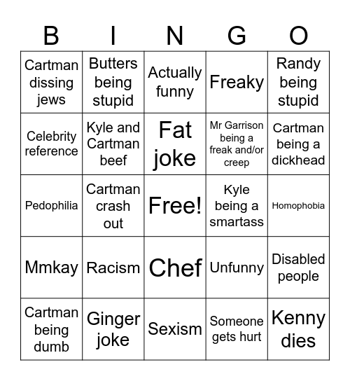 South Park Bingo Card