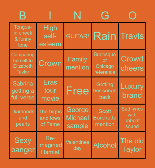 The Life of a Showgirl Bingo Card