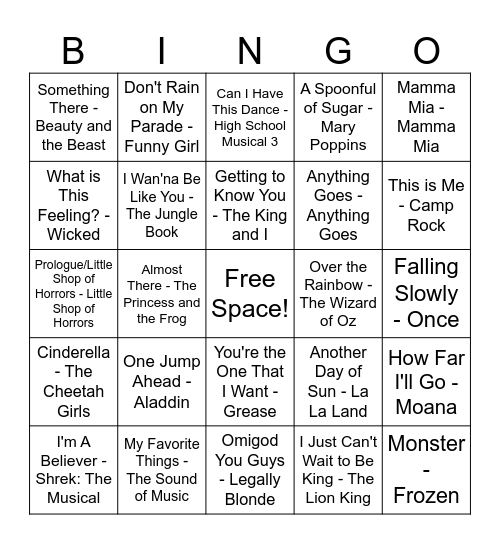 Musicals Bingo Card