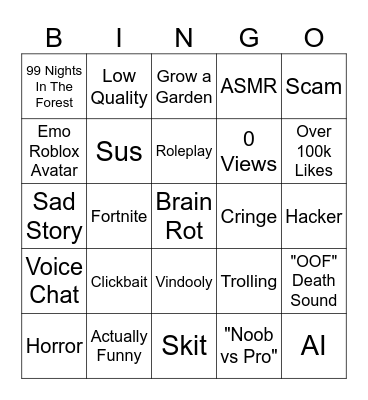 100 Roblox Shorts Bingo Card