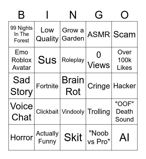 100 Roblox Shorts Bingo Card