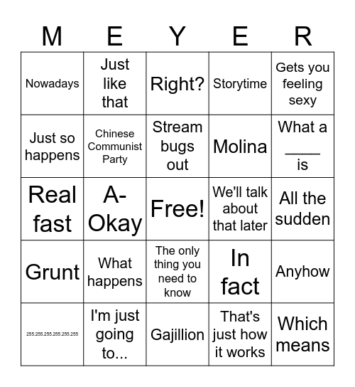 Professor Meyer's Bingo Card